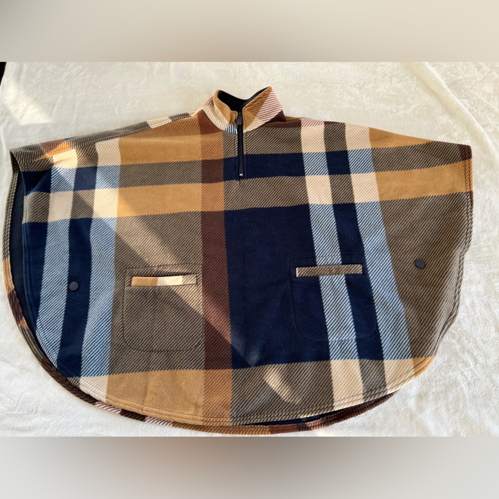Rachel Zoe fleece lined poncho, one size, color brown and blue